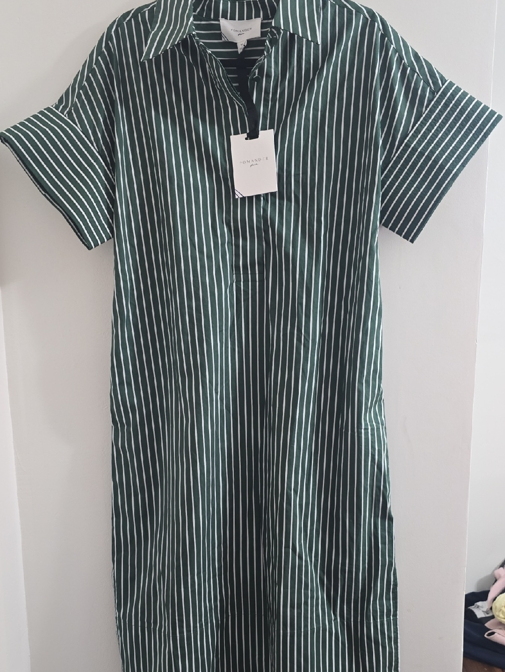 Pomander Place Green and White Vertical-Stripe Button-Down Shirt Dress